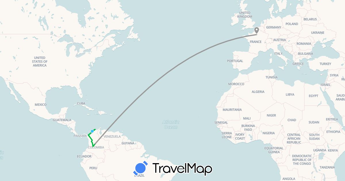 TravelMap itinerary: driving, bus, plane, boat in Colombia, France (Europe, South America)